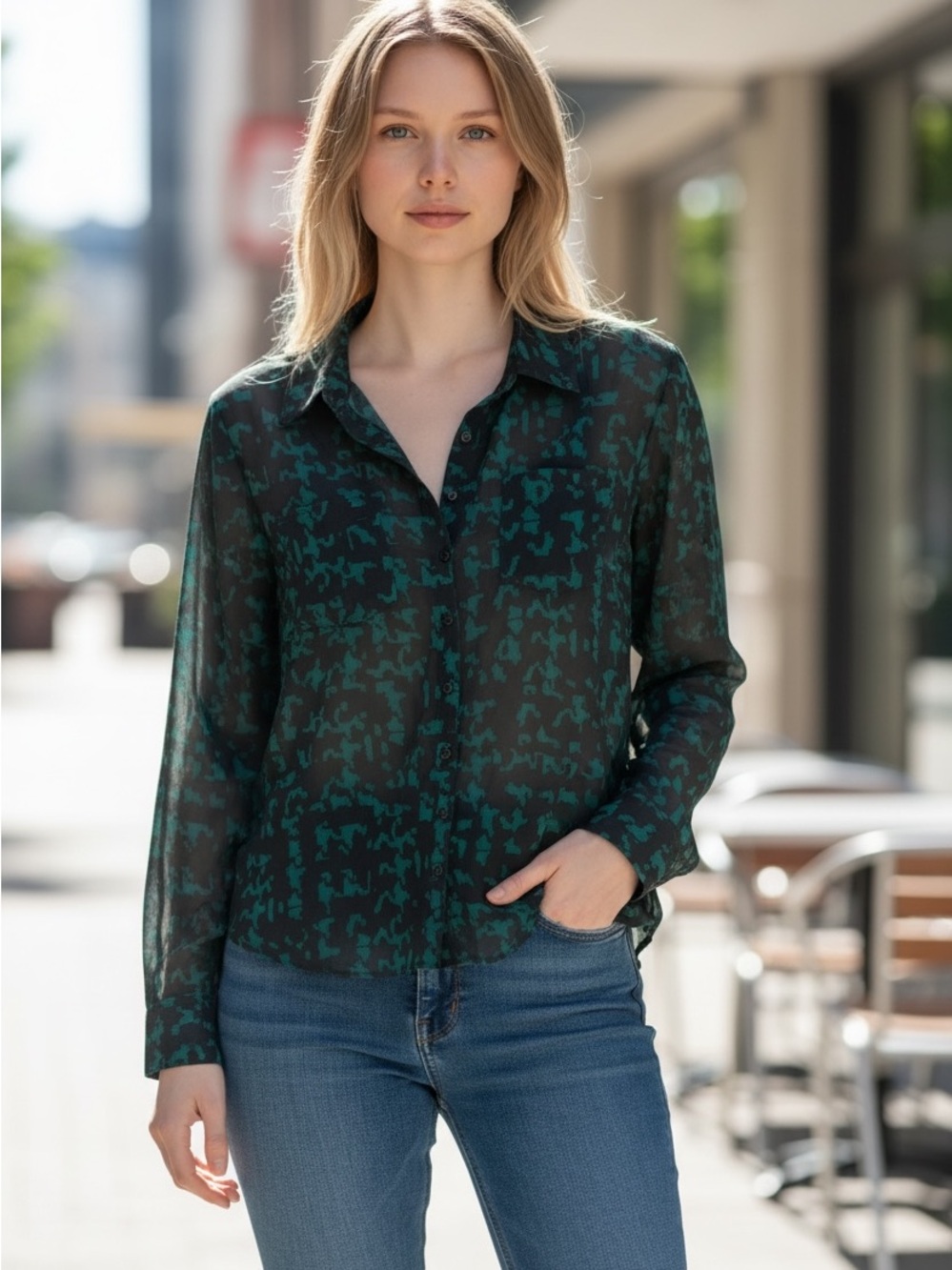 Guess Green and Black Sheer Button-Down Blouse